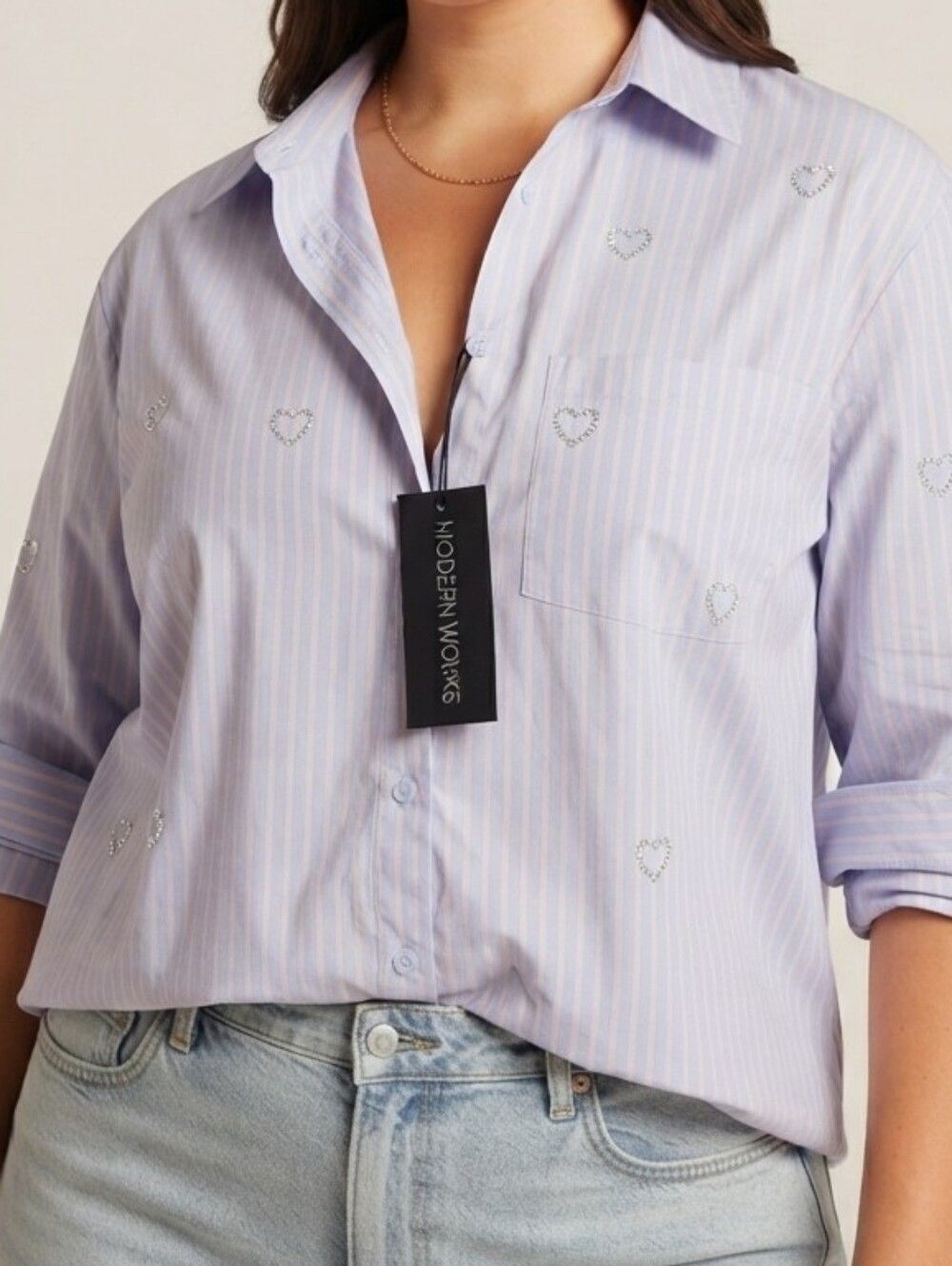 Modern Works Blue Pinstripe Heart Embroidered Long Sleeve Button-Down Shirt NWT